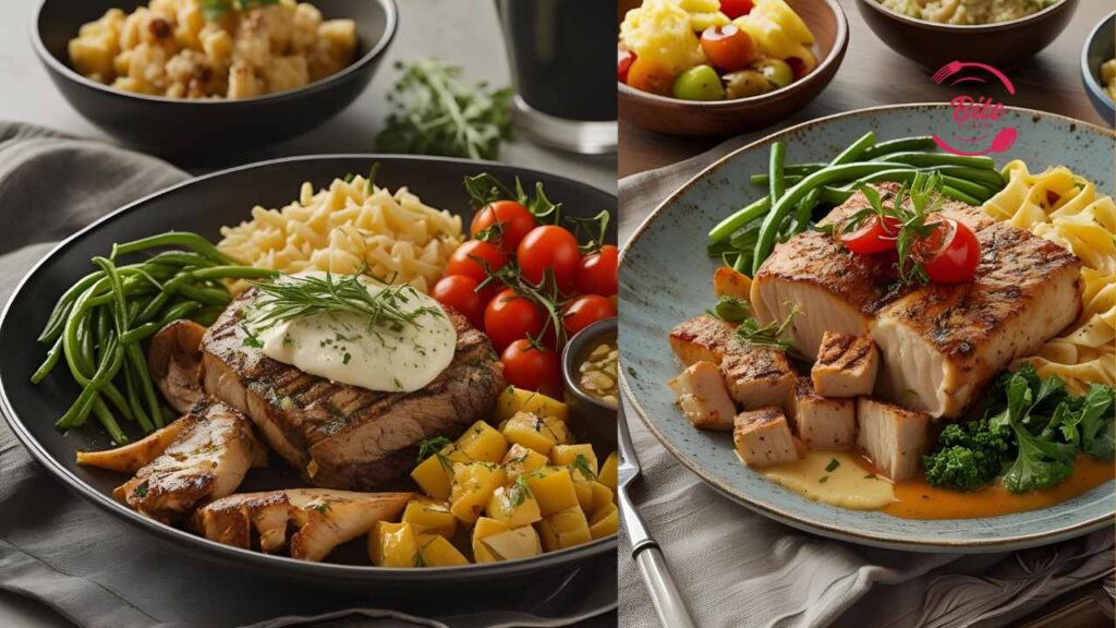 A split image of gourmet meals: left, steak with sauce, green beans, pasta, mushrooms, potatoes, and tomatoes; right, grilled fish with green beans, pasta, tomatoes, and broccoli.