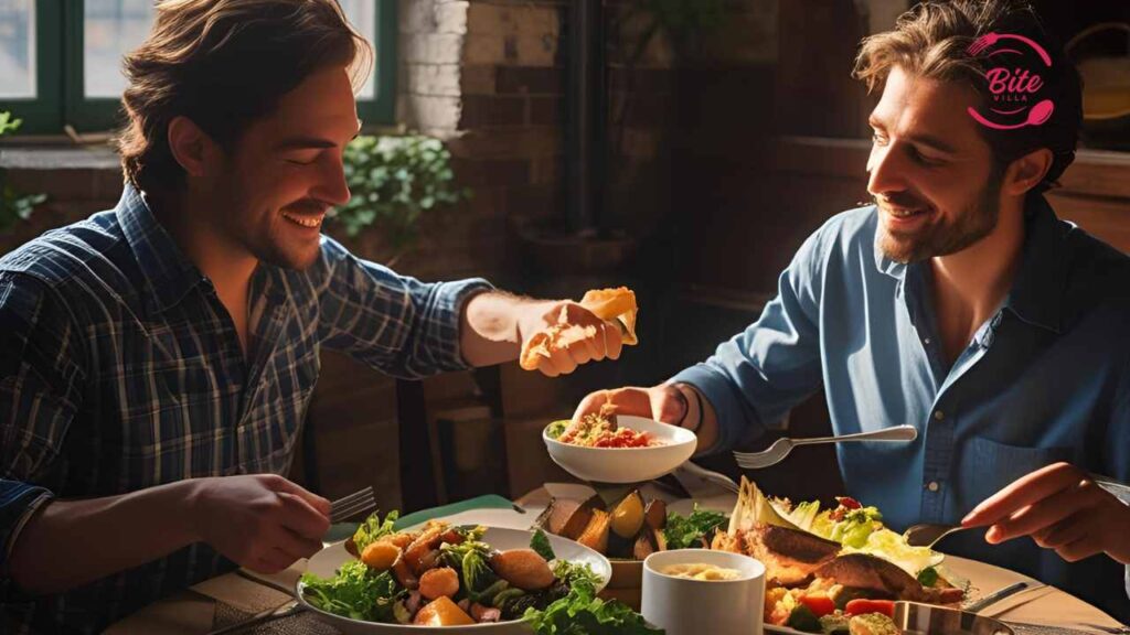Two smiling men enjoy a eat dinner at a sunlit table, sharing salad and bread. The cozy, inviting scene conveys warmth and friendship.