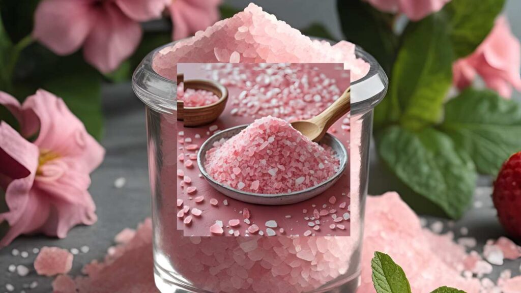 A glass jar filled with pink bath salts surrounded by blooming pink flowers and green leaves on a gray surface, evoking a fresh, calming ambiance.