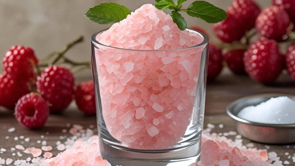 A glass filled with pink Himalayan salt garnished with mint leaves, surrounded by fresh raspberries and a small dish of white salt on a wooden table.