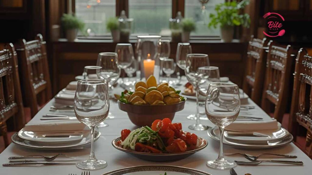 Elegant dining table set for a meal, featuring empty wine glasses, white plates, folded napkins, and a centerpiece of sliced lemons. A candle adds a warm glow.