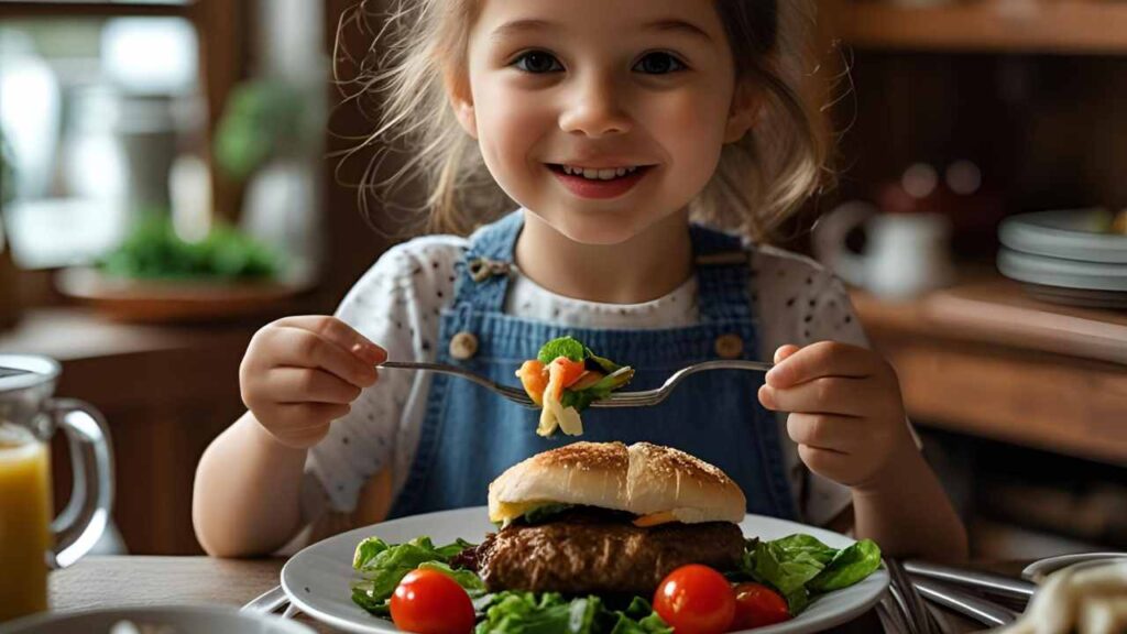 A smiling child in overalls holds a fork with vegetables over a hamburger on a plate with salad and tomatoes. Bright, cheerful dining setting.