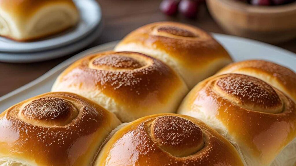 Golden, freshly baked bread rolls with a shiny crust on a white plate, set on a wooden table. A bowl of grapes and another plate are blurred in the background.