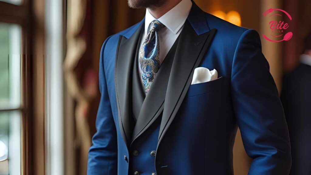 Man in a sharp blue suit with black lapels stands near a window. He wears a paisley tie and a white pocket square, exuding elegance and sophistication.