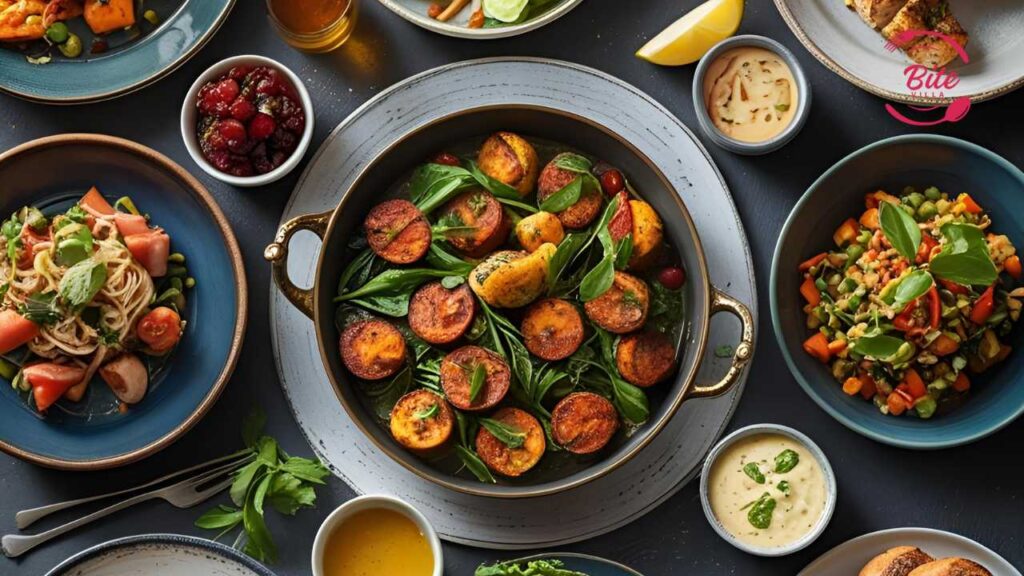 A vibrant spread of colorful dishes on a dark table. Central roasted potatoes are garnished with herbs. Surrounding plates include pasta, salads, and sauces, creating a fresh and inviting atmosphere.