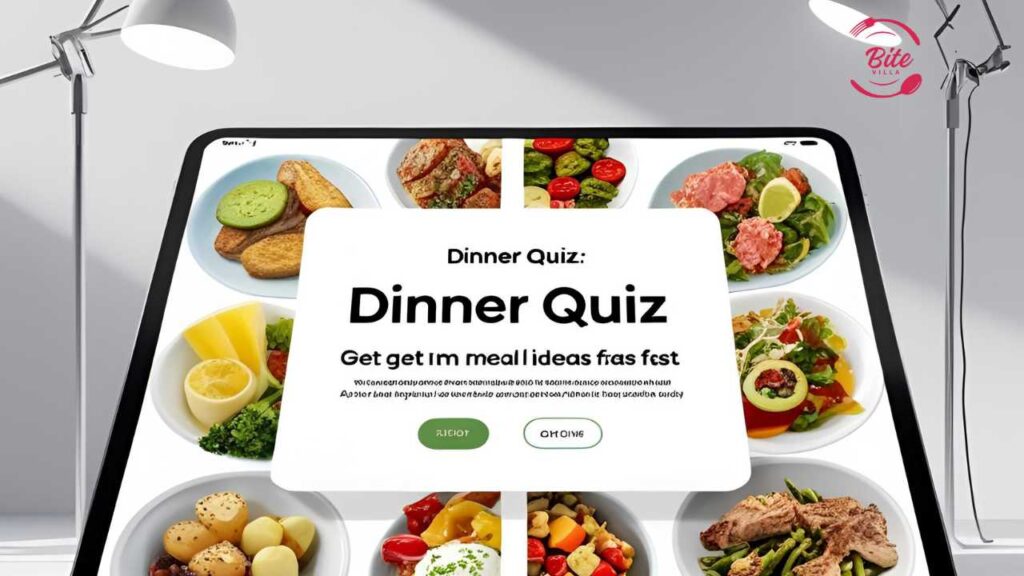 A tablet displays a "Dinner Quiz" prompt with mismatched letters, surrounded by photos of various dishes. Two floor lamps cast light on the scene, creating a modern and inviting atmosphere. The tone is casual and engaging, suggesting a fun quiz about meal ideas.