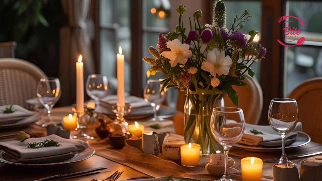 Elegant dining table set for dinner, adorned with lit candles and a colorful floral centerpiece. Plates and wine glasses create a warm, inviting ambiance.