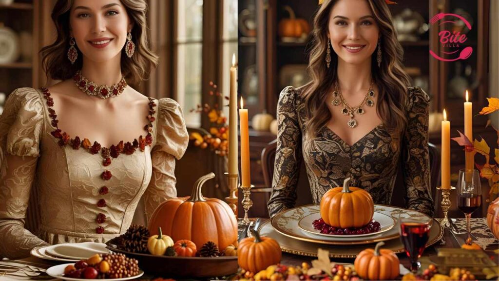 Two women in elegant Stylishly dress for trhanksgiving dinner sit at a lavish autumn-themed table with pumpkins, candles, and berries. The scene is warm and festive, evoking a sense of celebration.