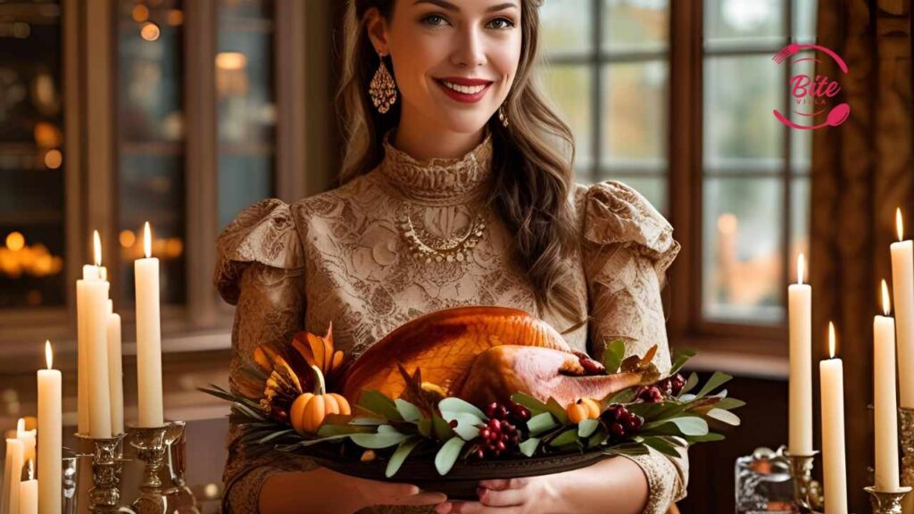 A woman in an elegant, lacy dress smiles while presenting a roasted turkey garnished with leaves and berries, surrounded by candles in a cozy setting.