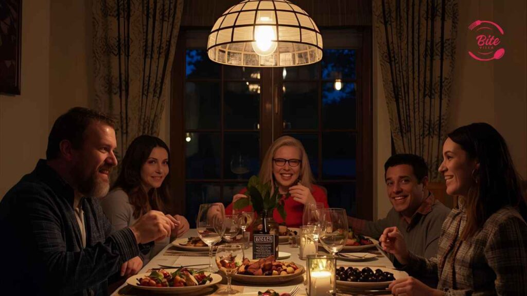 A group of five people sit around a warmly lit dining table, smiling and enjoying a meal together. Plates of food and wine glasses are set before them, creating a cozy and joyful atmosphere.