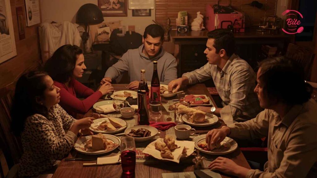 A Family Eat Dinner in the Den of shares a meal at a cozy wooden table, warmly lit. Plates of food and bottles are spread out, creating a sense of togetherness and warmth.