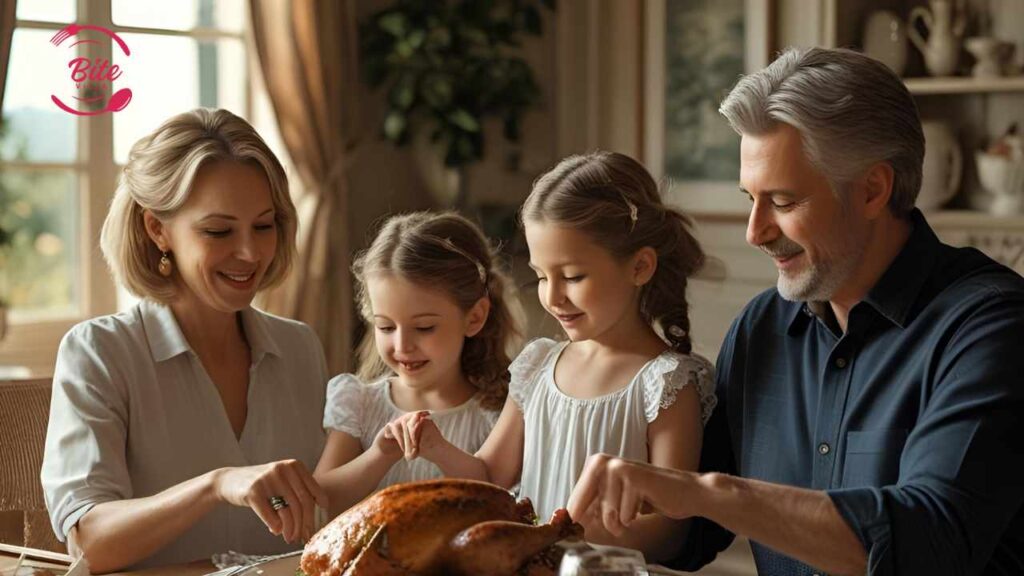 A family of four enjoys a meal at a warmly lit table, carving a roasted turkey. The scene conveys warmth and togetherness, with smiles all around.