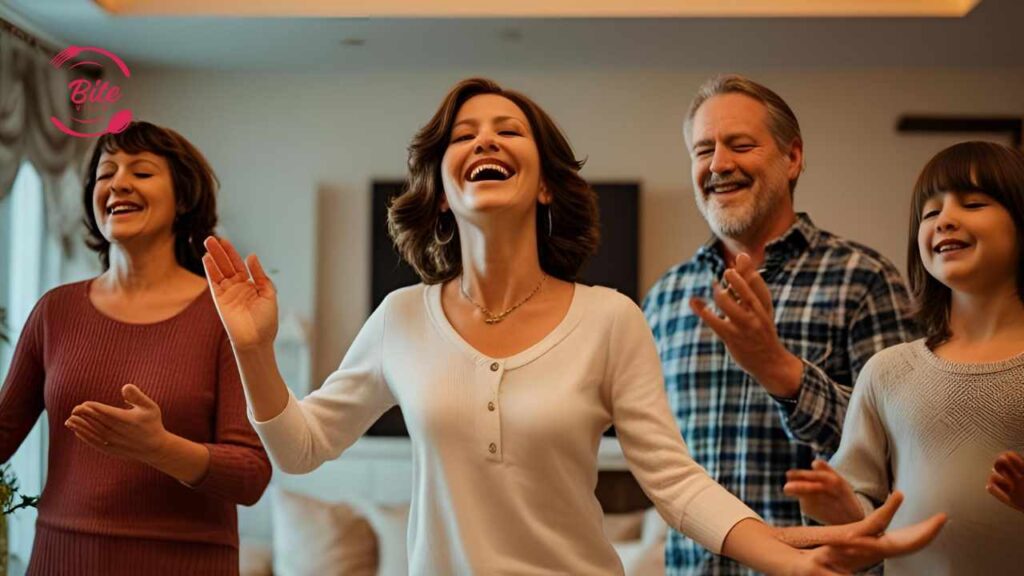 A joyful family sings together indoors. A woman in a white shirt leads, smiling widely. Laughter fills the warm, cozy room, creating a happy atmosphere.