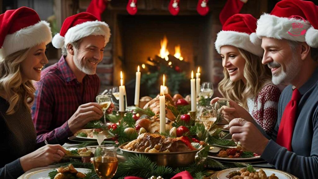 A joyful group of four, wearing Santa hats, share a festive Christmas dinner by a fireplace. The table is elegantly set with candles and holiday decorations.