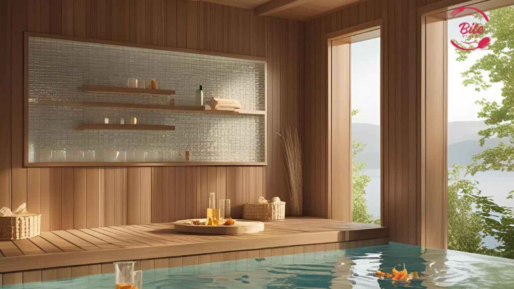 Sauna After Dinner Luxurious spa room with wooden walls, shelves holding decor items, and large windows overlooking serene nature. Indoor pool with floating flowers. Calm ambiance.