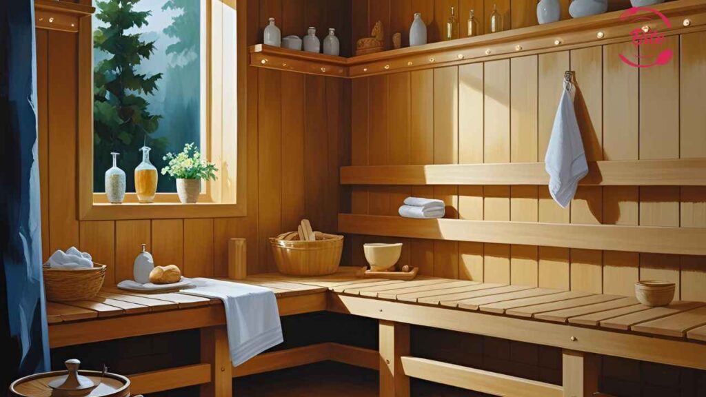 Warm wooden Sauna After Dinner interior with bench seating, towels, and a bucket. A window lets in sunlight, illuminating the space with a serene, cozy atmosphere.