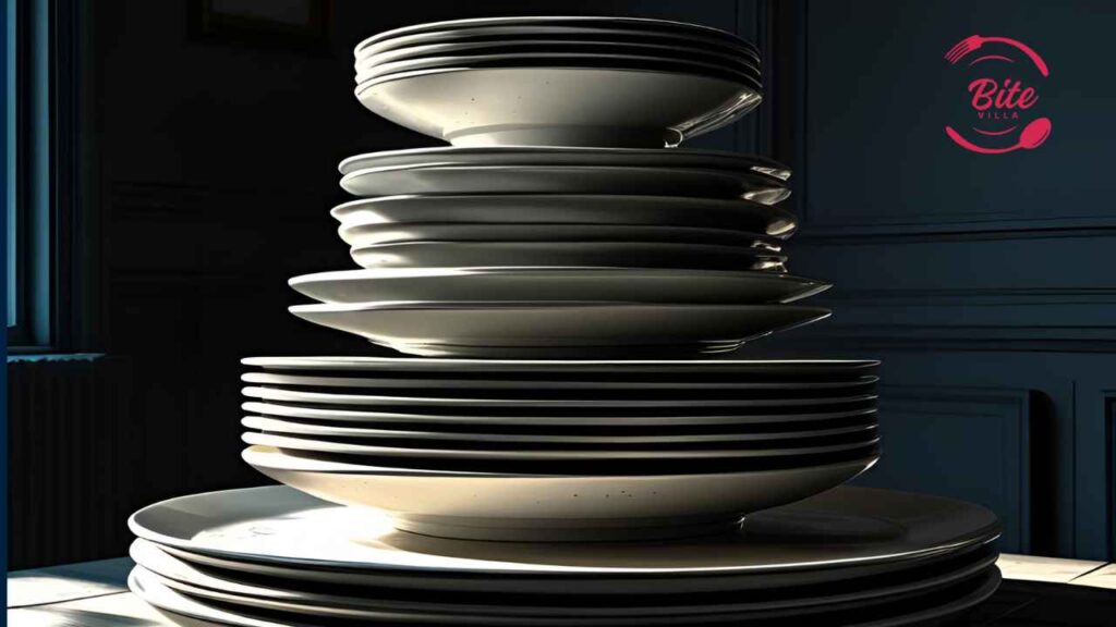 A stack of various-sized white plates and bowls are neatly arranged, casting soft shadows in a dimly lit room, creating an elegant, organized ambiance.