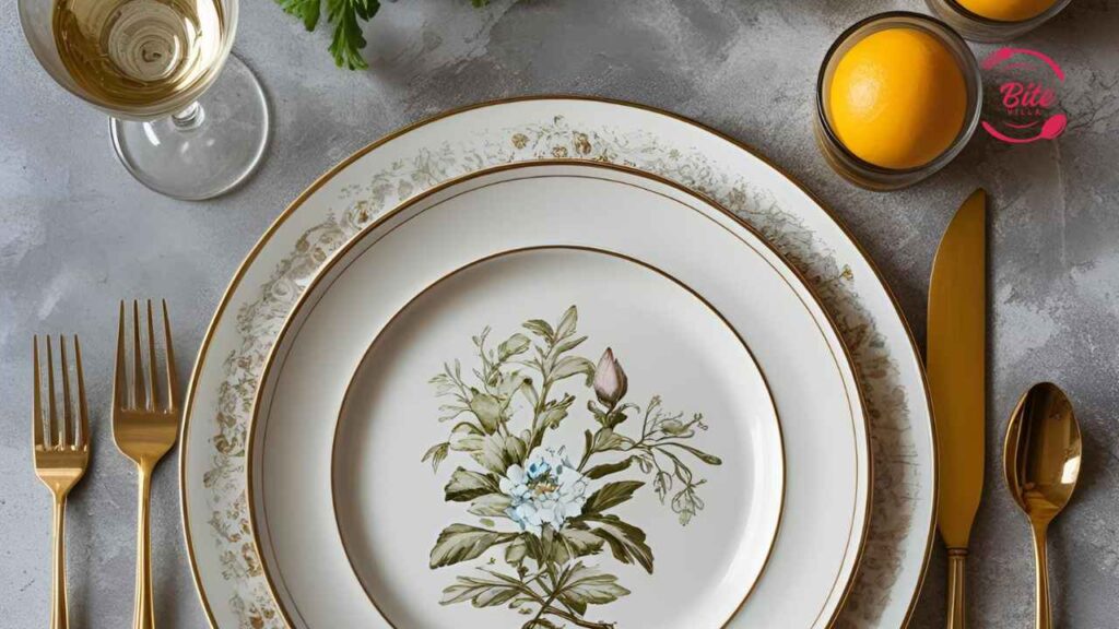 Elegant table setting with floral-patterned plates, gold cutlery, and a wine glass on a gray textured surface. A lemon in a small bowl adds freshness.